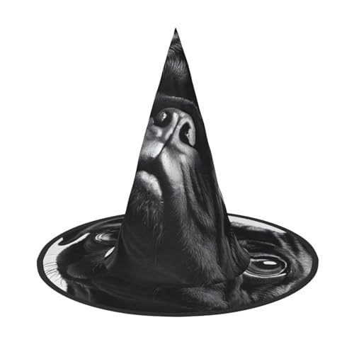 SHLXMDNZ Niedlicher schwarzer Mops-Hund, Druck, Halloween, Hexenhut, Cosplay, für Frauen, Zaubererhut, Maskerade, Halloween-Party-Zubehör von SHLXMDNZ