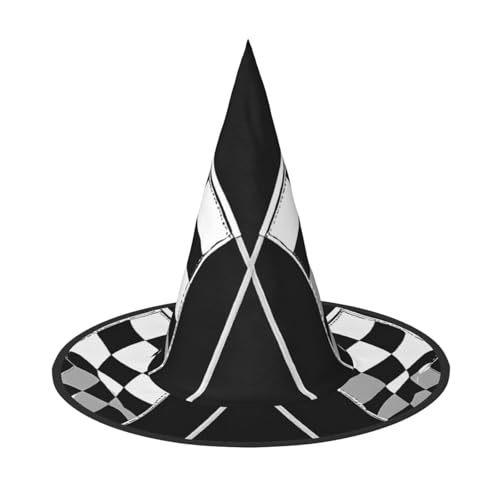 SHLXMDNZ Schwarz-weiße Formel karierte Flaggen Muster Druck Halloween Kegel Hexenhut Cosplay für Frauen Zauberer Hut Maskerade Halloween Party Zubehör von SHLXMDNZ