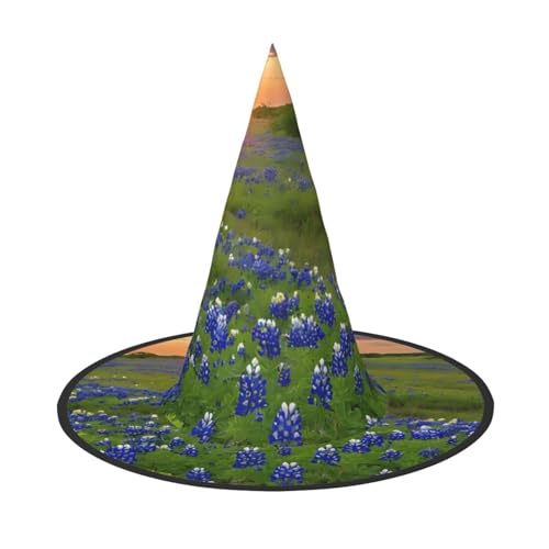 SHLXMDNZ Texas Bluebonnets Hexenhut mit Landschaftsaufdruck, Halloween, Kegel, Cosplay, für Frauen, Zaubererhut, Maskerade, Halloween-Party-Zubehör von SHLXMDNZ