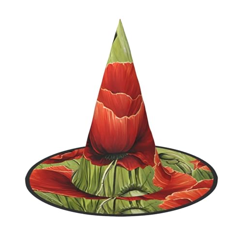 SHLXMDNZ Wunderschöner roter Mohnblumen-Druck, Halloween, Hexenhut, Cosplay, für Frauen, Zaubererhut, Maskerade, Halloween-Party-Zubehör von SHLXMDNZ