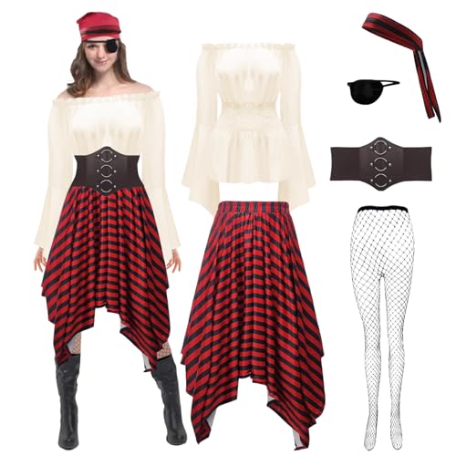 SHOHOKU 6 Stück Damen Piratenkostüm Cosplay Renaissance Bluse Tops Korsett Taillengürtel Piratenrock Cosplay Outfit (Beige, Klein) von SHOHOKU