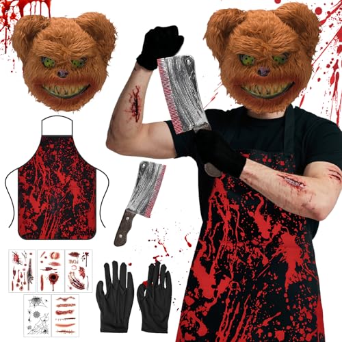 Halloween Kostüm Horror, Schlachter Kostüm, Helloween Maske Bear Costume+Halloween Messer mit Blut+halloween Schürze Blut+Narben Tattoo Halloweens+Handschuhe,Geeignet für Karnevalspartys, Rollenspiele Halloween Kostüm Horror, Schlachter Kostüm, Helloween Maske Bear Costume+Halloween Messer mit Blut+halloween Schürze Blut+Narben Tattoo Halloweens+Handschuhe,Geeignet für Karnevalspartys, Rollenspiele von SHOPPGO