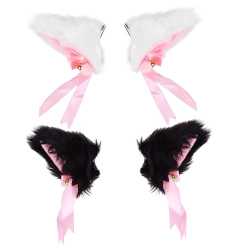 SHOWERORO 2 Paare Niedliche Katzenohren Haarclips Weiche Plüsch cosplay Haarschmuck mit Glocken Modische Katzenohren Haarnadeln für Halloween Kostümparty Alltag und Verkleidung von SHOWERORO
