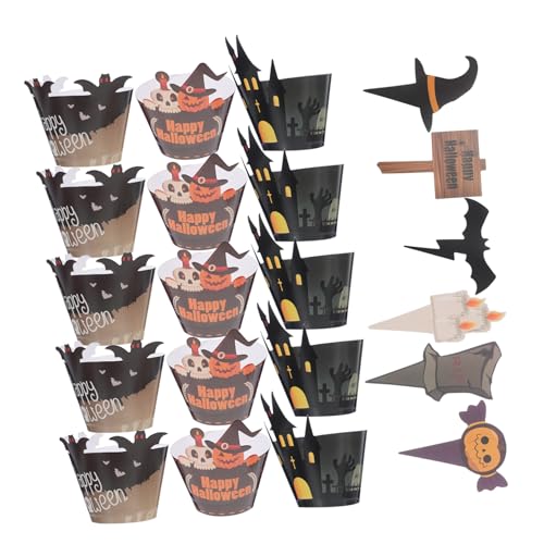 SHOWERORO 2 Sätze Teiliges Papier Muffin Förmchen und Topper mit Fledermaus Kürbis Spinne und Geist Langlebig für Party Deko und Festtagsstimmung von SHOWERORO