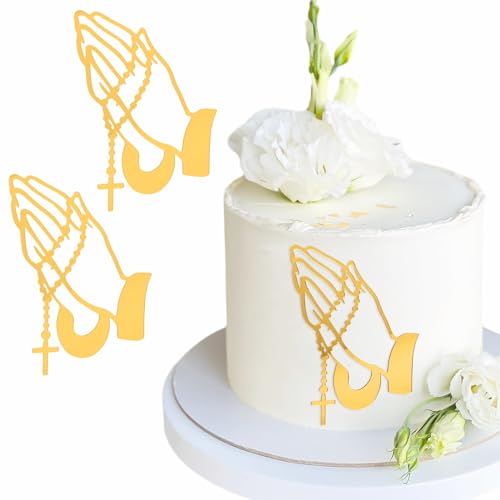 2 Stück Gold Kreuz Tortendeko Kommunion Acryl Gefaltete Hände Cake Topper Kommunion Tortenaufleger Deko Torte Kommunion Spiegel Kuchen Deko Für Taufe Hochzeit Geburtstag Babyparty Kommunion(13x16.5cm) von SHOWHEEL