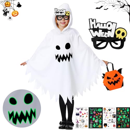 5 Stück Halloween Kinder Geister Kostüm Weißes Gespenst Gesicht Umhang Lustige Spooky Cloak Kind Halloween Kostüm mit Kürbis Tragetasche Gläser Tattoos Für Halloween,Karneval,Fasching,Mottoparty(M) 5 Stück Halloween Kinder Geister Kostüm Weißes Gespenst Gesicht Umhang Lustige Spooky Cloak Kind Halloween Kostüm mit Kürbis Tragetasche Gläser Tattoos Für Halloween,Karneval,Fasching,Mottoparty(M) von SHOWHEEL
