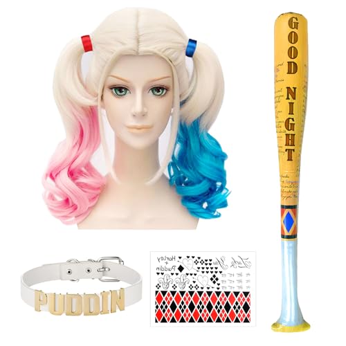 Cosplay Perücken Rosa und Blau Perücke mit Zwei Pferdeschwänzen,Aufblasbarer Baseballschläger,Verstellbar Halskette,Tattoo-Aufkleber,Kostüm Accessoires,für Karneval Halloween Fasching Kostüme Party von SHOWHEEL