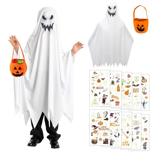 Gespenst Kostüm für Kinder, Kinder Geist Umhang mit Kürbisbeutel, Halloween Temporäre Tattoo, Halloween Kostüm, Karnevals Geist Cape für 110cm-150cm Jungen und Mädchen von SHOWHEEL