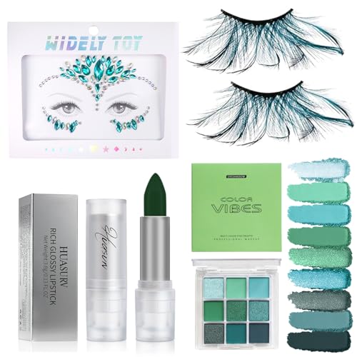 Pfauen Kostüm Damen, Schminke Pfau, mit Wimpern Pfau, Grüner Lippenstift, Lidschatten Grün, Glitzersteine Gesicht, Kopfschmuck Pfau, Kostüm Pfau Zubehör, zum Halloween Karneval Schminke von SHOWHEEL
