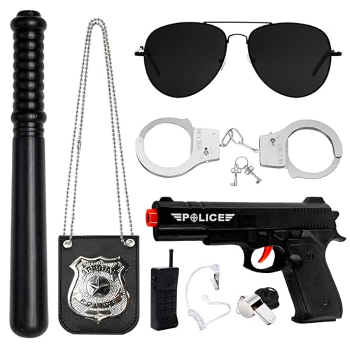 Polizei Kostüm Kinder, Polizei Spielzeug Ausrüstung Set mit Handschellen Polizist Abzeichen Sonnenbrille Schlagstock Pfeife Falsch Walkie Talkies Pistole für Cosplay Halloween Karneval Fasching Party von SHOWHEEL
