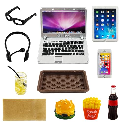 SHOWHEEL 10 Stück Puppenhaus Lernen Zubehör,1:12 Metall Simulation Laptop Tablet Smartphone Mini,Mini Brille Hamburger Pommes Getränke Tablett,Puppenhaus Szene Simulation von SHOWHEEL