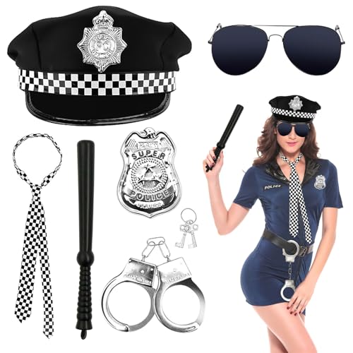 SHOWHEEL 6er Polizei Kostüm Damen Herren,mit Polizei Mütze Handschellen Polizeiabzeichen Schlagstock Krawatte Schwarze Brille,Karneval Faschingkostüm Polizei Zubehör von SHOWHEEL