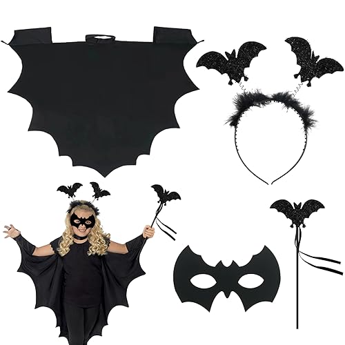 SHOWHEEL Fledermaus Kostüm Kinder 4 Stück, Halloween Fledermaus Umhang Kinder, Fledermaus Maske, Fledermaus Haarreif, Zauberstab, Halloween Kostüm Kinder, für Halloween Karneval Cosplay, 110cm*88cm SHOWHEEL Fledermaus Kostüm Kinder 4 Stück, Halloween Fledermaus Umhang Kinder, Fledermaus Maske, Fledermaus Haarreif, Zauberstab, Halloween Kostüm Kinder, für Halloween Karneval Cosplay, 110cm*88cm von SHOWHEEL