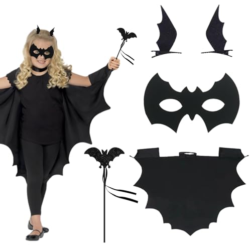 SHOWHEEL Fledermaus Kostüm Kinder 4 Stück, Halloween Fledermaus Umhang Kinder, Fledermaus Maske, Fledermaus Haarspangen, Zauberstab, Halloween Kostüm Kinder, für Halloween Karneval Cosplay, 120 SHOWHEEL Fledermaus Kostüm Kinder 4 Stück, Halloween Fledermaus Umhang Kinder, Fledermaus Maske, Fledermaus Haarspangen, Zauberstab, Halloween Kostüm Kinder, für Halloween Karneval Cosplay, 120 von SHOWHEEL
