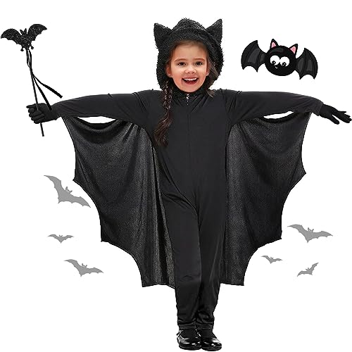 SHOWHEEL Fledermaus Kostüm Kinder Mädchen Junge,Faschingskostüme Halloween Karneval Kostüm,mit Schwarze Handschuhe und Fledermauszepter (M) von SHOWHEEL