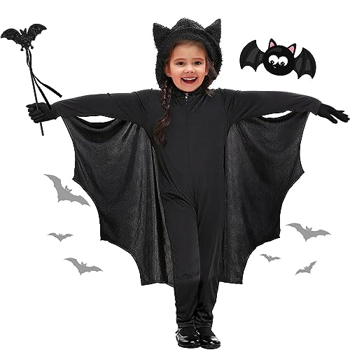 SHOWHEEL Fledermaus Kostüm Kinder Mädchen Junge,Faschingskostüme Halloween Karneval Kostüm,mit Schwarze Handschuhe und Fledermauszepter (S) von SHOWHEEL