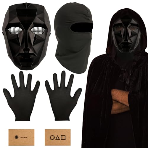 SHOWHEEL Halloween Masken Kostüm, The Game Maske Schwarze+ Handschuhe+Sturmhaube+10 Spielkarten,Game Umhang Kostüm für Halloween Karneval Halloweenabend Kostümspiel für Herren & Damen & Kinder von SHOWHEEL