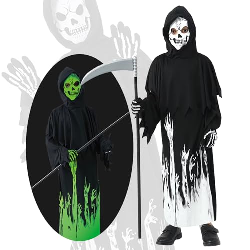 SHOWHEEL Halloween-Sensenmann-Kostüm,Halloween Skelett Kostüm Kinder, im Dunkeln leuchtendes Zombie-Kostüm, Cosplay-Set mit einer gruseligen Sensenmann-Sense und Skelett-Handschuhen (M1) von SHOWHEEL