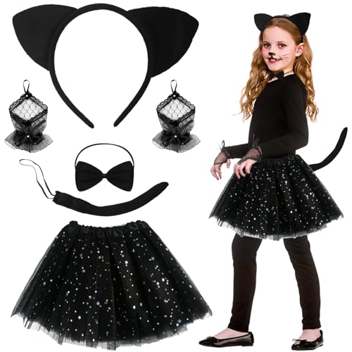 SHOWHEEL Katzenkostüm Kinder 6 Stück, Kostüm Katze Mädchen mit Katzenohren Stirnband, Katzenschwanz, Krawatte, Tierkostüm Kinder, Kätzchenkostüm Katzen Cosplay Set für Karneval Halloween Motto Party von SHOWHEEL