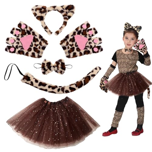 SHOWHEEL Leoparden Kostüm Kinder 6 Stück, Tierkostüm Kinder mit Leopardenohren, Katzenschwanz, Krawatte, Handschuhe, Leopard Verkleiden Set für Karneval Halloween Motto Party, Brown SHOWHEEL Leoparden Kostüm Kinder 6 Stück, Tierkostüm Kinder mit Leopardenohren, Katzenschwanz, Krawatte, Handschuhe, Leopard Verkleiden Set für Karneval Halloween Motto Party, Brown von SHOWHEEL