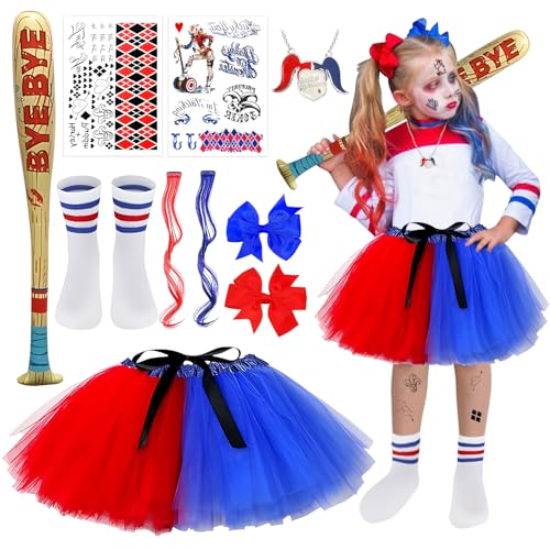 SHOWHEEL Mädchen Bösewicht Suicide Kostüm Kit, Halloween Kostüm Cosplay Mädchen, Tüllrock mit Halskette, Aufblasbarer Baseballschläger, Socken, Haare Bundle, für Halloween Karneval Cosplay SHOWHEEL Mädchen Bösewicht Suicide Kostüm Kit, Halloween Kostüm Cosplay Mädchen, Tüllrock mit Halskette, Aufblasbarer Baseballschläger, Socken, Haare Bundle, für Halloween Karneval Cosplay von SHOWHEEL