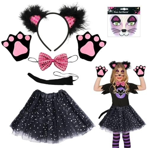 SHOWHEEL Katzenkostüm Kinder 7 Stück, Kostüm Katze Mädchen mit Katzenohren Stirnband, Katzenschwanz, Krawatte, Tierkostüm Kinder, Kätzchenkostüm Katzen Cosplay Set für Karneval Halloween Motto Party von SHOWHEEL