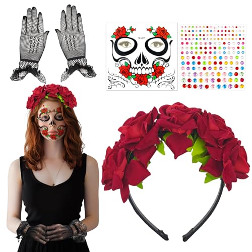 SHOWHEEL Halloween Kopfschmuck Karneval Haarreif Gesichtstatto Spitzenhandschuhe+Dia de los Muertos Rot Blumen Kronen Tag der Toten Haarschmuck Karneval Fasching Halloween Damen Kostüm Accessoires SHOWHEEL Halloween Kopfschmuck Karneval Haarreif Gesichtstatto Spitzenhandschuhe+Dia de los Muertos Rot Blumen Kronen Tag der Toten Haarschmuck Karneval Fasching Halloween Damen Kostüm Accessoires von SHOWHEEL