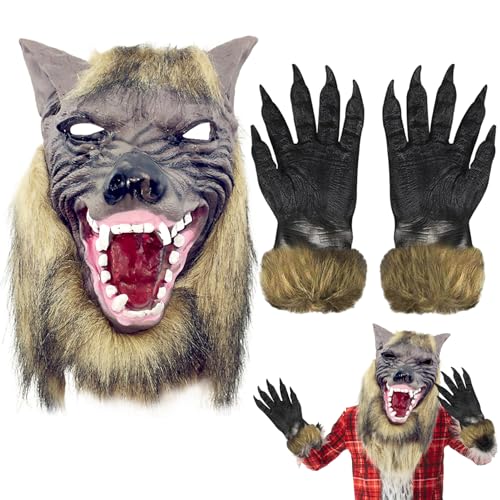 Werwolf Kostüm Kopfmaske,Halloween Wolfskopfmaske und Krallen,Werwolf Holloween-Horrormaske,Halloween Cosplay Kostüm Party von SHOWHEEL
