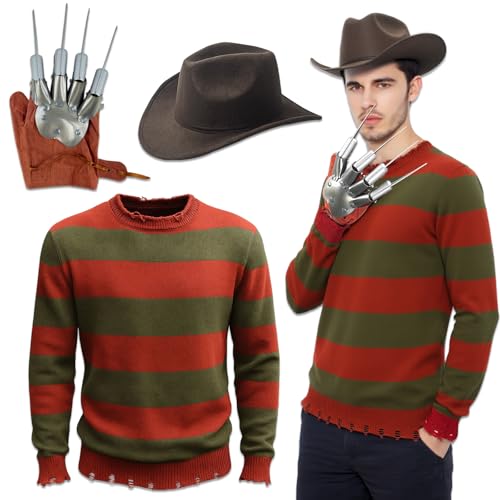 Halloween-Kostüm für Erwachsene, gruseliger Killer, Strickpullover mit braunem Hut und Handschuh, Film-Kostüm, Cosplay-Outfit-Set, rot / grün, S von SHUASLE