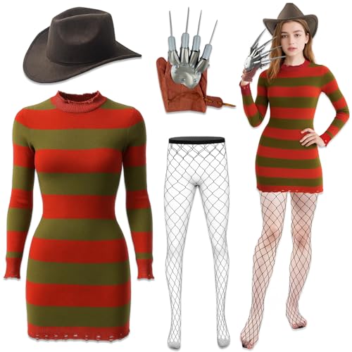 SHUASLE Halloween-Kostüm für Damen, Erwachsene, gruseliger Killer, gestricktes gestreiftes Kleid mit braunem Hut, Handschuh und Netzstrümpfen, Cosplay, rot / grün, S SHUASLE Halloween-Kostüm für Damen, Erwachsene, gruseliger Killer, gestricktes gestreiftes Kleid mit braunem Hut, Handschuh und Netzstrümpfen, Cosplay, rot / grün, S von SHUASLE