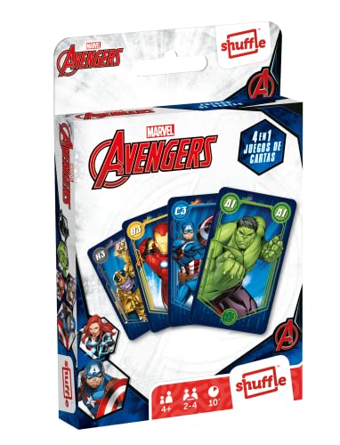 Shuffle Avengers Kinderkartenspiel, 4 Spiele in 1, Spielkarten illustriert mit den Charakteren der Avengers. Spanische Version von Shuffle