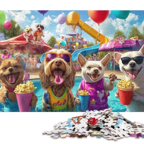 Katzen- und Hunde-Poolparty Holzpuzzles 1000 Teile Für Erwachsene Wohnkultur Geburtstagsgeschenk Family Challenging Games Educational Game Stress Relief Toy 1000pcs (75x50cm) von SHUNXIFQ