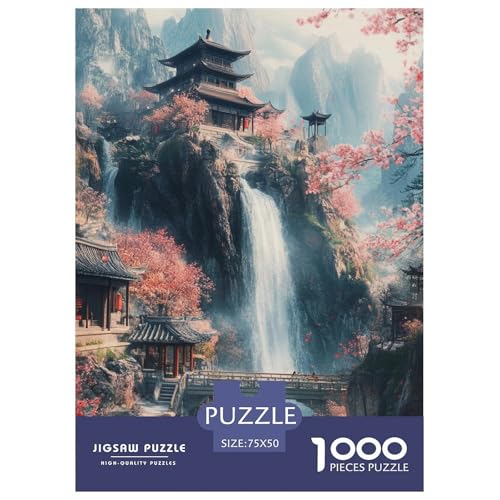 Wasserfall-Kirschblüte Erwachsene Holzpuzzless 1000 Teile Home Decor Lernspiel Geburtstagsgeschenk Family Challenging Games Stress Relief Toy 1000pcs (75x50cm) von SHUNXIFQ