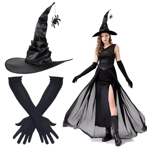 SHUOHONG Halloween Hexenhut Damen und Lange Handschuhe Set, Faltbarer Hexenhut mit Spinnenanhänger & 45cm Stretchhandschuhe, Hexen Accessoires Damen, Halloween Hüte Kostüm Zubehör Hexenkostüm SHUOHONG Halloween Hexenhut Damen und Lange Handschuhe Set, Faltbarer Hexenhut mit Spinnenanhänger & 45cm Stretchhandschuhe, Hexen Accessoires Damen, Halloween Hüte Kostüm Zubehör Hexenkostüm von SHUOHONG