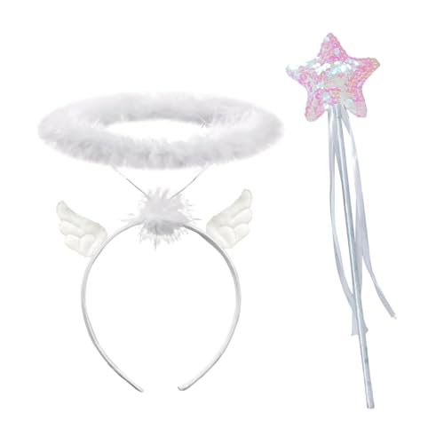 SHUOHONG Headband Heiligenschein Weiß Headband und Zauberstab, Heiligenschein Engel Haarreif, Engel Kostüm Accessoire, Weiße Engelskostüm Damen, Party Fasching Kostüme, Kostümparty Verkleidung von SHUOHONG