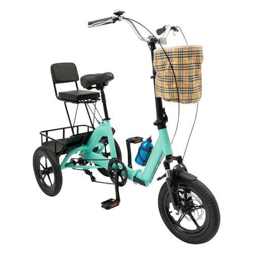 14 Zoll Klappbares Dreirad, faltbares Dreirad mit Einkaufskorb, Klappbares Dreirad für Erwachsene und Senioren (Cyan) von SHZICMY