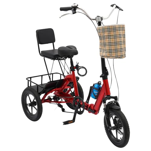 14 Zoll Klappbares Dreirad, faltbares Dreirad mit Einkaufskorb, Klappbares Dreirad für Erwachsene und Senioren (Rot) von SHZICMY