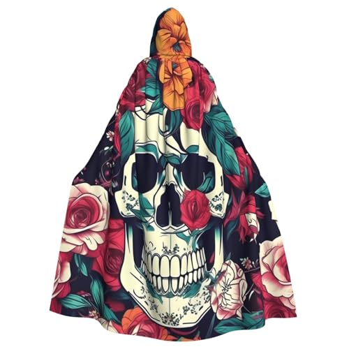 SHuWeiD Blumen-Totenkopf-Ornament, neutraler Kapuzenumhang für Erwachsene, übergroßer Kapuzenumhang mit Schleife, kein Reißverschluss, lang und bequem von SHuWeiD