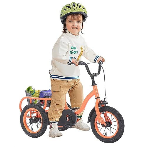 SICHENSH 12 Zoll Dreirad für Kinder 3 Räder Dreirad Kinder Fahrräder mit Korb, Höhenverstellbares 3-Rad Cruiser Bike, für Jungen/MäDchen Single Speed Dreirad Fahrrad 3 Räder Kinderfahrräder (Orange) von SICHENSH