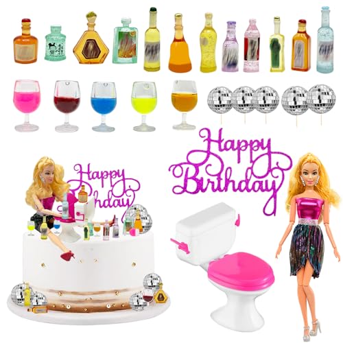 25 Pcs Mini Weinflaschen Kuchen Dekoration,Miniatur Weinflaschen Cupcake Topper,mit 5 Mini Weingläser,1 Mini Toiletten und 1 Betrunken Puppe für Mädchen Geburtstag Kuchen Party Dekorationen Zubehör von SIEBOLD