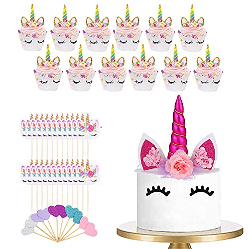 74 Stück Einhorn Tortendeko,Einhorn Kuchen Topper Happy Birthday für Geburtstag Hochzeit Party Kuchendeko 3D EinhornhöRner Und -Wimpern für Baby Shower Mädchen Kinder Geburtstag Party Decor（Rot） von SIEBOLD