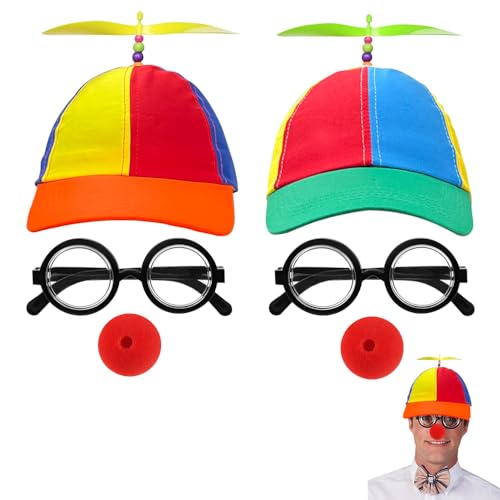 SIEBOLD 2 Stück Set Propeller mütze,Helikopter Cap,Propeller Hut,Lustige Clown Hut,mit NerdBrille and Clownnase,für Sport,Outdoor,Reisen für Karneval Party hüte Kostüm für Erwachsene und Kinder von SIEBOLD