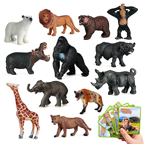 SIENON 12pcs Safari Tiere Figur Spielzeug mit Flash-Karten, realistische wilde Zoo-Tiere Kunststoff Dschungel Elefant Löwe Giraffe Bär Gorilla pädagogische Lernen Spielset für Kinder von SIENON