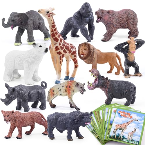 SIENON 12Pcs Safari Tiere Figur Spielzeug mit Flash-Karten, Kunststoff realistische Wilden Zoo Dschungel Figuren mit Elefant Löwe Giraffe Bär Gorilla für Kinder pädagogisches Lernen Party Dekoration von SIENON