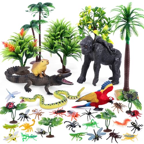 SIENON 39 Stück Regenwald Tierfiguren Set Modell Tress Kit Regenwald Diorama Projekt mit Gorilla Papagei Krokodil Capybara Schlange Insekten Playset für Kinder Geburtstag Kuchen Toppers Party Deko von SIENON