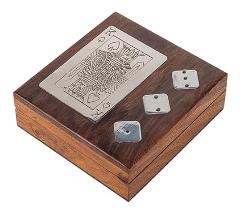 Grimalt Holzkiste 11,5 x 12,5 x 4 cm – Aufbewahrungsbox mit Kartenspiel & Würfel aus Holz inklusive – Metallgravur Karte & Würfel von SIGNES GRIMALT