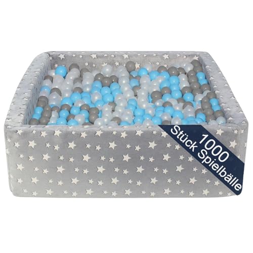 Bällebad Kinder 120x120 cm – XXL Stoffbecken mit 1000 Bällen Ø 7 cm – Weiches Indoor Spielbällebad mit Baumwollbezug & PU-Schaum (Plüsch/Hellblau) von SILUK