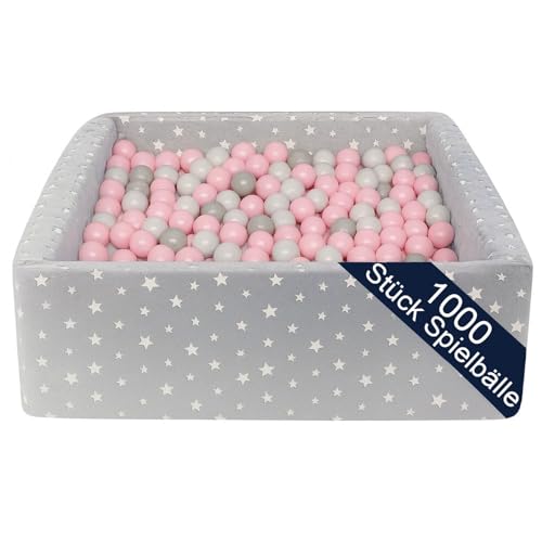 Bällebad Kinder 120x120 cm – XXL Stoffbecken mit 1000 Bällen Ø 7 cm in Blau, Grau & Weiß – Weiches Indoor Spielbällebad mit Baumwollbezug & PU-Schaum von SILUK