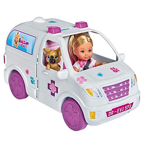 Smoby 105733488002 Evi Love Poupée 12cm-2 en 1 Voiture Vétérinaire + 1 Chat et 1 Chien à Soigner Mini-Puppe, weiß, S von Smoby