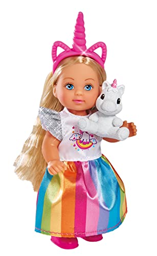 Simba 105733425 - Evi Love Little Unicorn, Puppe in einem süßen Regenbogenkleid mit Einhorn Haarreif und Kuscheltier, 12cm Spielpuppe, ab 3 Jahren von Simba